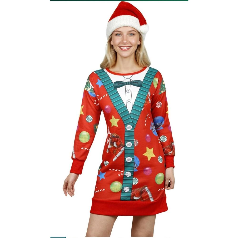 * Womens Christmas Printed Tunic Dress Large Long Sleeve Crewneck Casual Costume